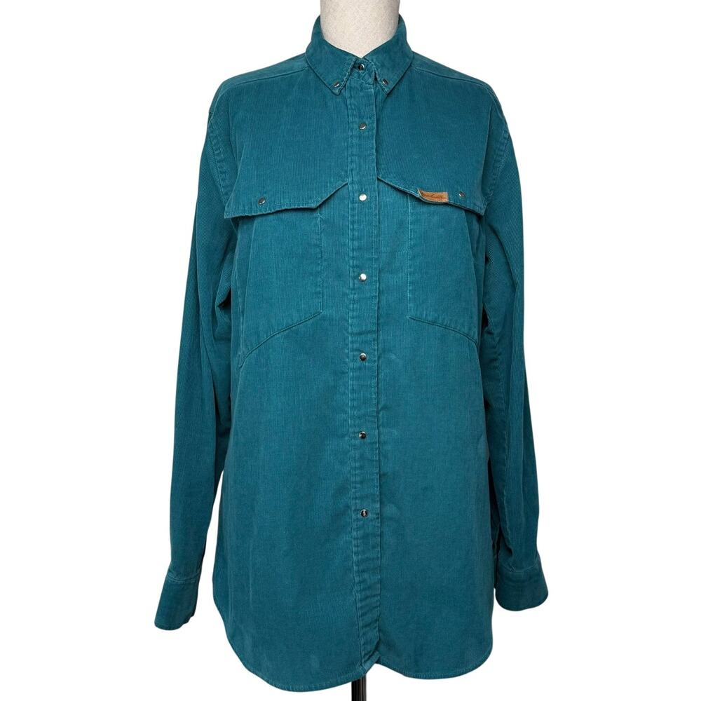 Gloria Vanderbilt Vintage Corduroy Shirt Green Teal Western 14 Cotton Blend